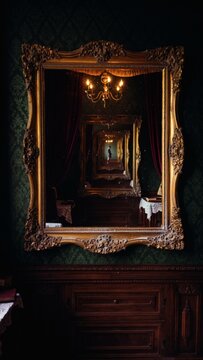 Ornate antique gilded mirror creating an infinite tunnel of reflections with a distant figure in a dark gothic interior