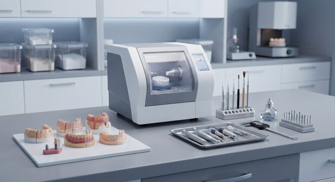 Dental CAD CAM milling machine with jaw models and instruments in laboratory setting
