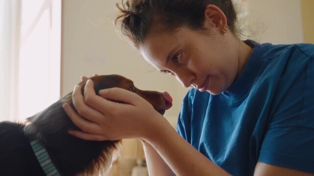 Woman affectionately cuddling her adorable little dog