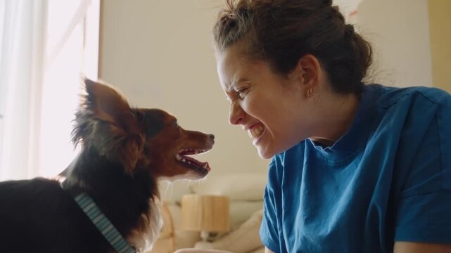 Cheerful young woman making funny faces and laughing while playing with her adorable dog at home, teasing and playing. Enjoying tender moment of friendship and companionship in a sunlit room