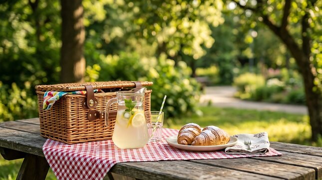 Summer picnic setting with wicker basket lemonade and fresh croissants on wooden table in sunny park for banner use.