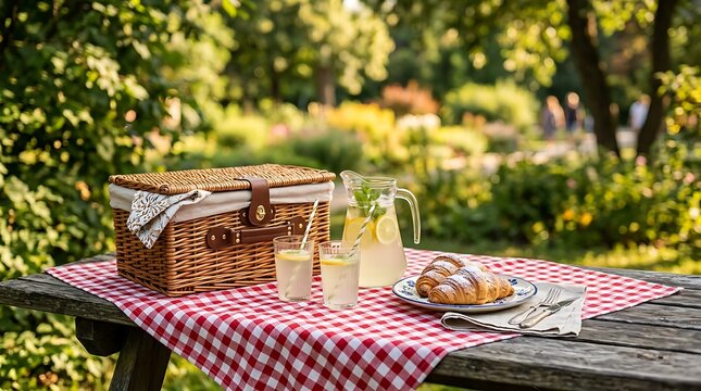 Summer picnic basket with fresh lemonade and croissants on a checkered tablecloth in a sunny garden park background.