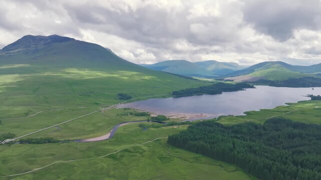 Loch Tulla and Beinn Dorain from a drone, Glen Coe, Highlands, Scotland, United Kingdom