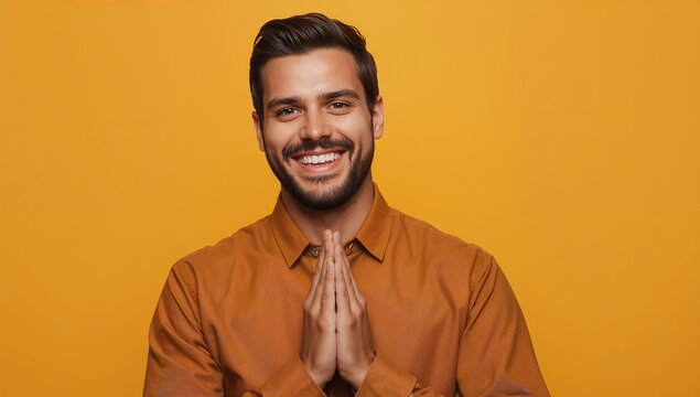 Handsome young man with beard smiling and holding hands together in prayer gesture against yellow background