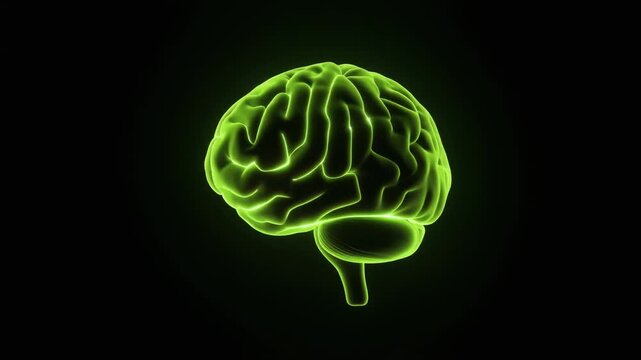 Glowing translucent brain in the left third with wide empty dark space