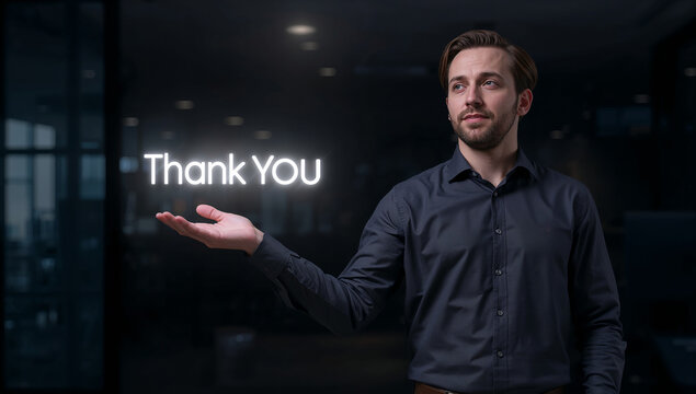 Professional businessman presenting glowing Thank You text on his palm in modern office