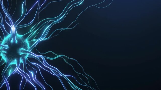 Glowing blue and cyan light strands forming a neural network pattern