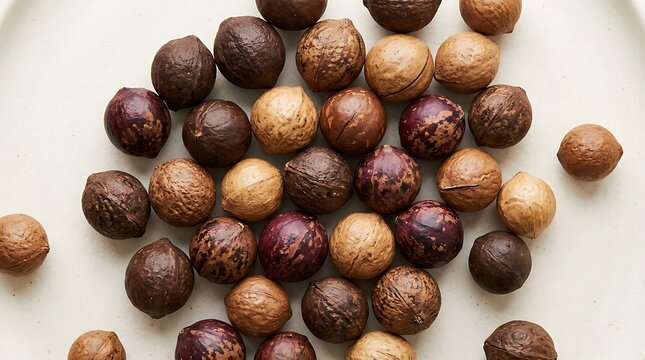 Group of Whole Macadamia Nuts and Kukui Seeds in Shell for Healthy Food Backdrop Website Banner and Cooking Display