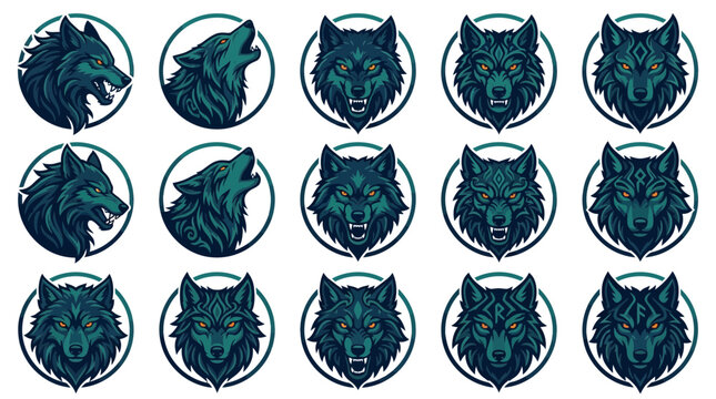 Collection of fifteen stylized wolf head profile icons.