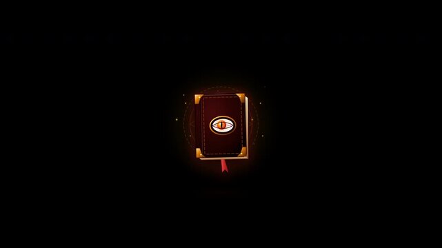 Magic spell book animation with blinking monster eye on black background