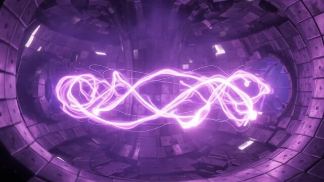 Toroidal Tokamak nuclear fusion reactor chamber interior with glowing superheated hydrogen plasma stream along magnetic field lines, 4k stock footage