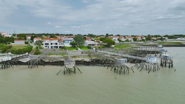 Fishing huts over Randonnee entre Histoire et Nature from a drone, Fouras, Fouras-les-Bains, Charente-Maritime, Nouvelle-Aquitaine, France
