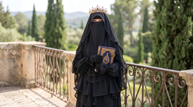 Muslim woman in niqab and crown holding a Quran on a balcony for