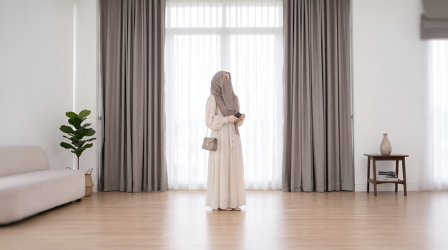 Muslim woman in niqab and beige dress standing in a bright modern