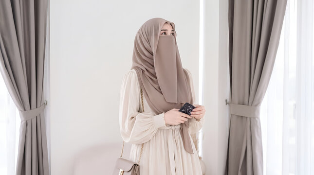 Muslim woman wearing a beige niqab and hijab standing indoors with a