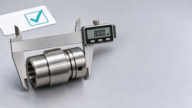 Digital caliper measuring precision metal cylinder part representing industrial quality control and manufacturing accuracy