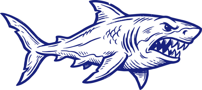 Aggressive hand drawn blue ink sketch of a shark with open jaws