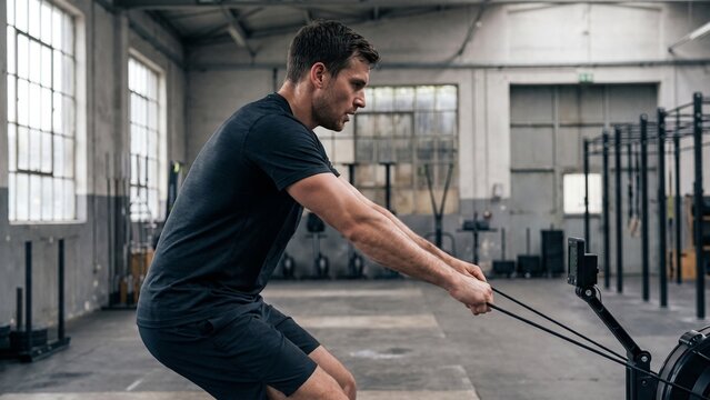 Side view of fit man doing row exercise on rowing machine in gym