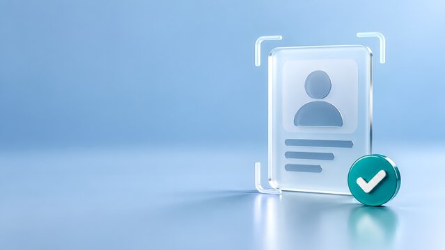 Glass user profile icon with green checkmark representing digital identity verification and authentication
