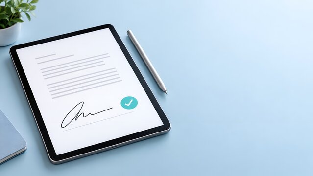 Digital document signing and electronic signature approval on tablet computer representing modern business contract