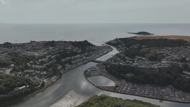 LOOE over River Looe from a drone, Cornwall, England, United Kingdom