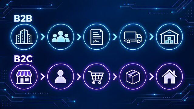 Digital supply chain process flow diagram showing sequential steps for B2B and B2C commerce, logistics, distribution, and warehouse delivery in modern retail business networks.