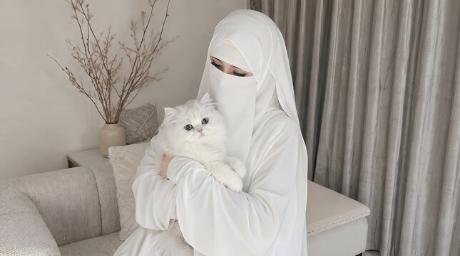 Muslim woman in white niqab holding a fluffy white cat in a bright