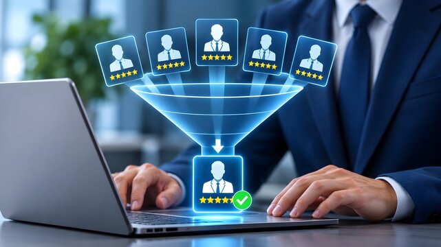 Human resources professional using laptop computer to filter and meticulously evaluate top rated candidate profiles through an advanced digital recruitment funnel software interface