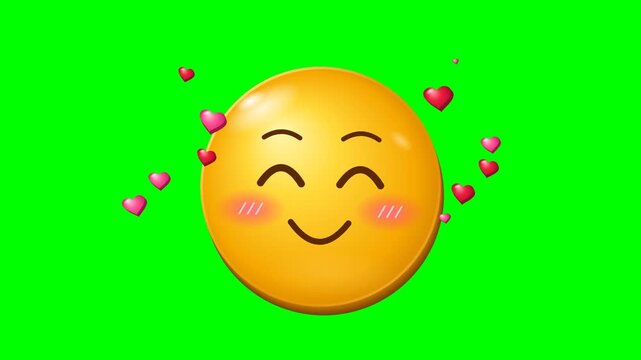 Glossy 3D yellow blushing smiley face emoji with rosy cheeks and happy closed eyes surrounded by floating mini hearts, centered animated icon in a seamless loop on pure green screen background