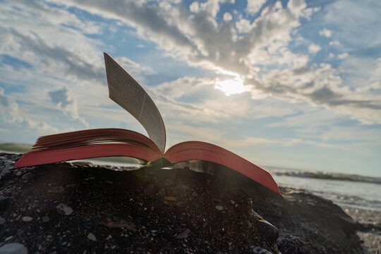 Open Bible Book with Fluttering Pages on Rocky Beach at Sunset