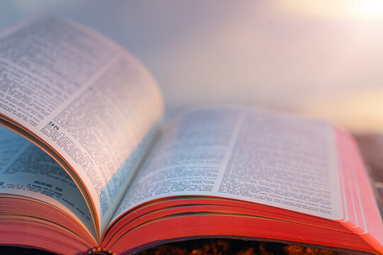 Open Bible Book with Fluttering Pages on Rocky Beach at Sunset