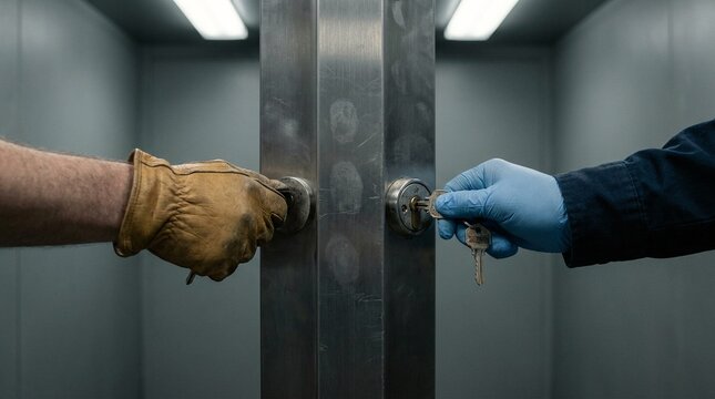 Maintenance worker and technician using keys to unlock industrial metal security gate for facility access