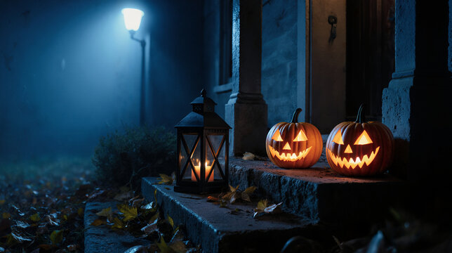 Glowing jack-o'-lanterns and a lantern on porch steps on a foggy Halloween night