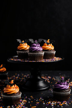 Halloween chocolate cupcakes with orange and purple frosting and bat toppers