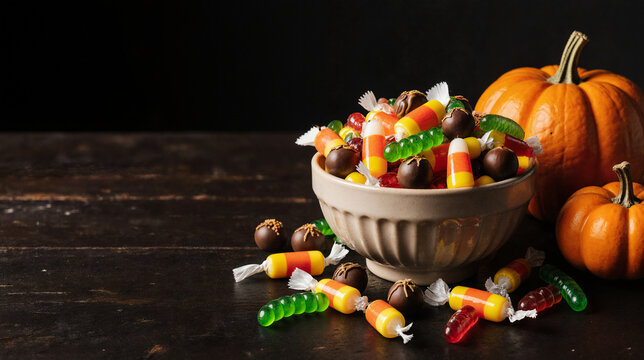 Bowl of Halloween candy with pumpkins on a dark wooden table