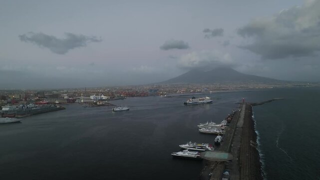 Naples Ferry Terminal at night from a drone, Molo Immacolatella Vecchia, Naples, Campania, Italy