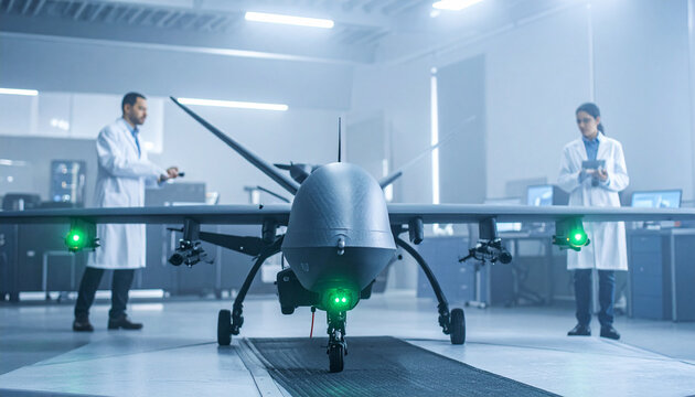 Advanced engineers develop a sophisticated military drone inside a hightech laboratory. The scene evokes innovation, precision, and national defense security in modern aerospace development.