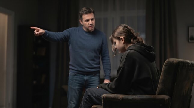 Angry father scolding and pointing finger at his sad teenage daughter sitting in an armchair inside a dimly lit living room during a difficult family conflict and emotional abuse situation