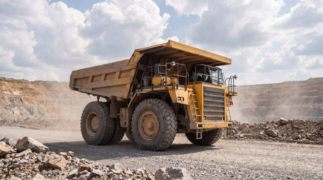 Large mining dump truck operating in an open-pit quarry surrounded by rocky terrain.