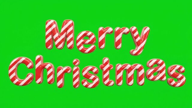 Merry Christmas Text Animation with Candy Cane Pattern on Green Screen Background.