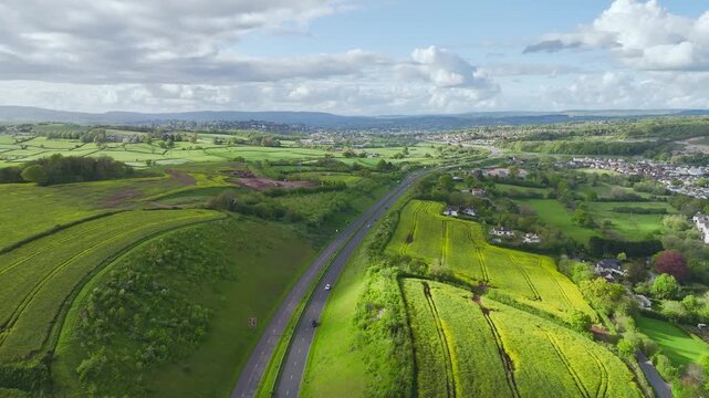 Farms and Fields from a drone over Kingskerswell and Road A380, Devon, England, United Kingdom