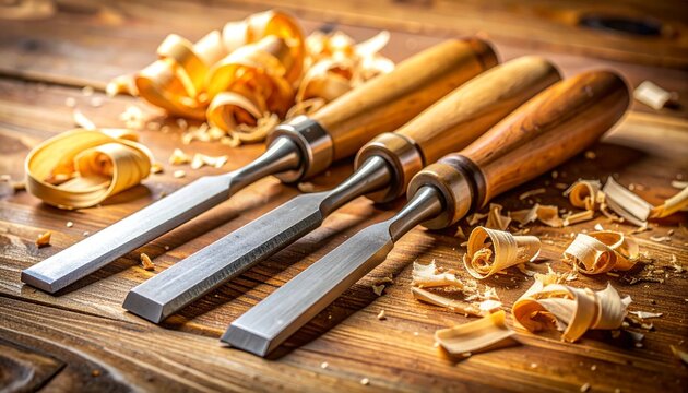 Woodworking Chisels and Curled Wood Shavings Arranged on a Solid Oak Workbench