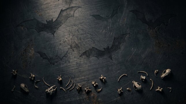 Spooky Halloween scene with scattered animal bones and silhouetted bats on a dark textured surface