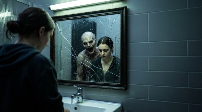 Terrifying monster lurks behind a young woman in a cracked bathroom mirror reflection, horror scene