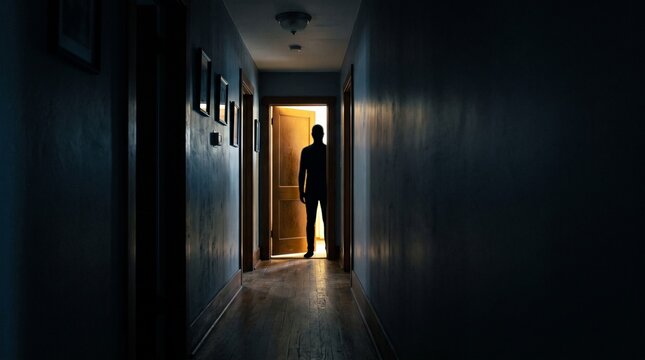 Silhouette of a person standing in a dimly lit hallway with an open door casting a warm glow