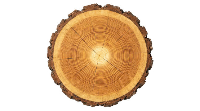 Cross section of a tree trunk with annual rings and bark isolated on transparent background