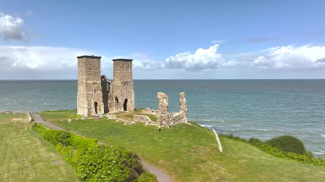 Reculver Towers and Roman Fort from a drone, Herne Bay, Kent, England, United Kingdom