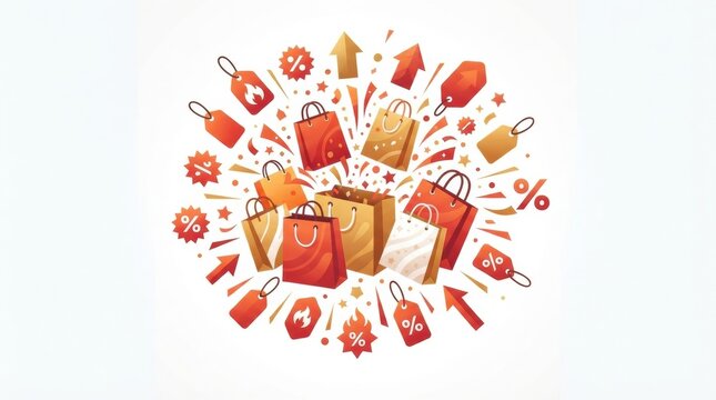 Various shopping bags and symbols showing discounts and offers are displayed in a colorful and lively arrangement.