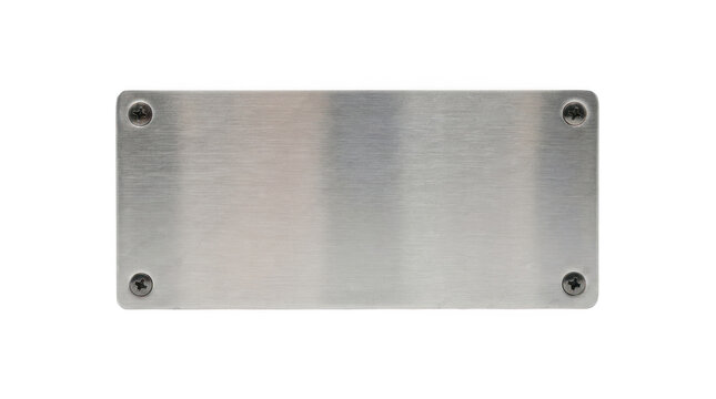 Blank rectangular brushed metal nameplate with four screws, industrial stainless steel sign board plaque banner panel for text, number or logo mockup, isolated on transparent background