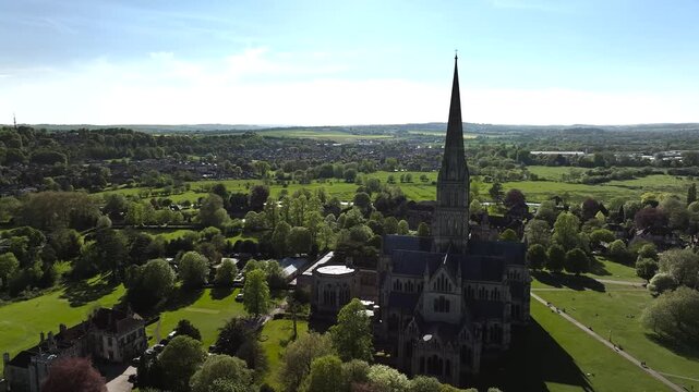 Salisbury Cathedral from a drone, Salisbury, Wiltshire, England, United Kingdom
